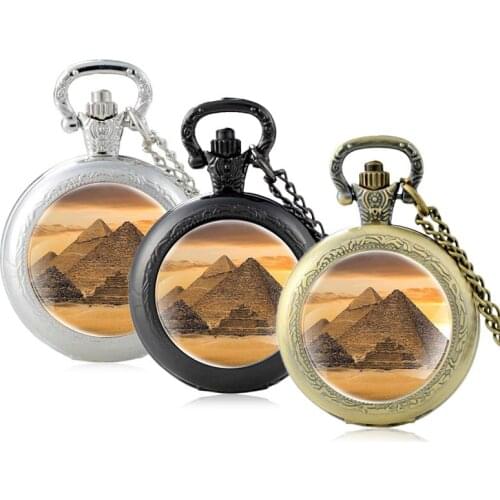 Antique Classic Egyptian Pyramids Glass Cabochon Quartz Pocket Watch Vintage Men Women Pendant Necklace Chain Hours Clock