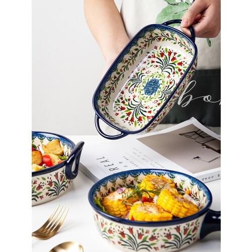 Retro Binaural Soup Bowl Household Pizza Ceramic Oven Microwave Bake Pan Nordic Tableware 9 Inch Retangle Plate