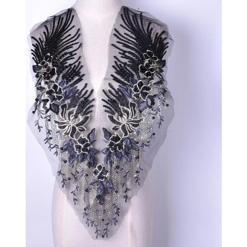 Black Embroidery Pearl Rhinestone Lace Neckline Fake Collar Accessories Ladies Girls Lace Fabric Decoration For Wedding Dress