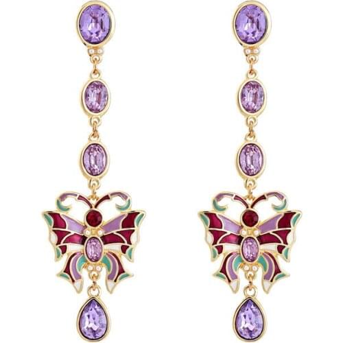 Enamel glaze color butterfly purple crystal earrings new women long insect earrings European and American fashion jewelry