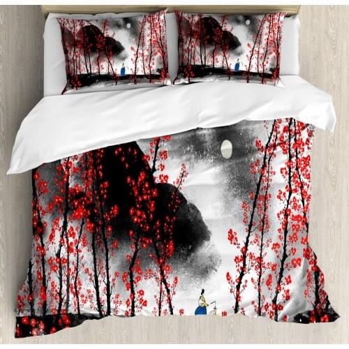 Chinese Duvet Cover Set Mystic Cloudy Nighttime Illustration 3 Piece Bedding Set Vermilion Dark Grey