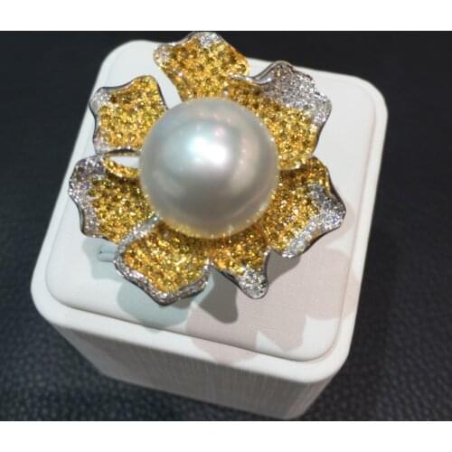 15MM natural pearl ring southsea pearl ring 18K gold with diamond flower free shipping accept order any size of the ring