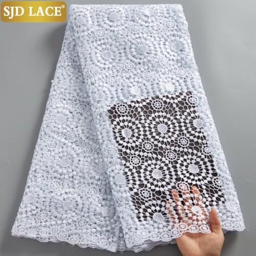 SJD LACE Pure White African Cord Lace Fabric With Beads Water Soluble Guipure Cord Laces 5Yards Cut For Wedding Dress Sew A2506