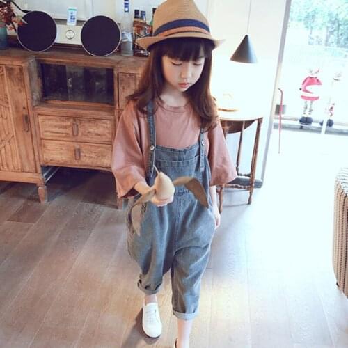 Summer Girls' Clothes Sets Short-Sleeved T-Shirt + Denim Cropped Pants Casual Harem Overalls Big Kids ChildrenS Clothing 4-13Y