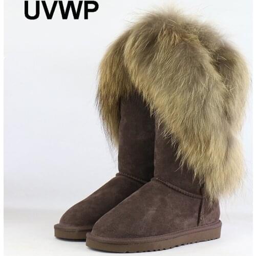 UVWP Fashion Natural Real Fox Fur Womens Winter Snow Boots Warm Long Boots Genuine Cow Leather High Winter Boots Women Shoes