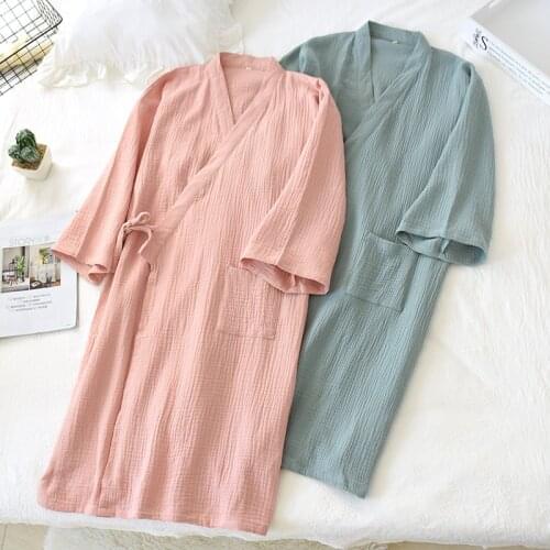 Couple Nightgown Woven Double Gauze Mens and Womens Home Gown Washed Cotton Yarn Bathrobe Crepe Thin Hen Party Pansement