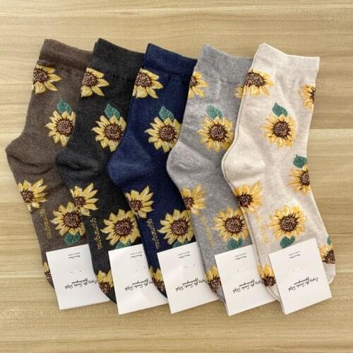 New style ladies cotton socks temperament cotton socks sunflower sunflower socks tube female socks sun flower printed socks