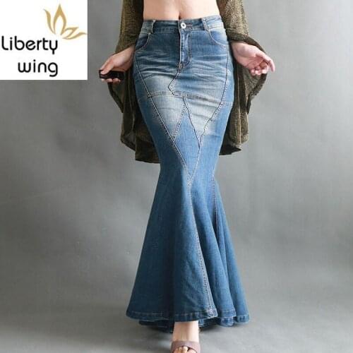 Autumn European Sexy Bodycon Women Skirts Fish Tail Floor Long Mermaid Skirt Retro Classic Washed Denim Saia Party Faldas Mujer