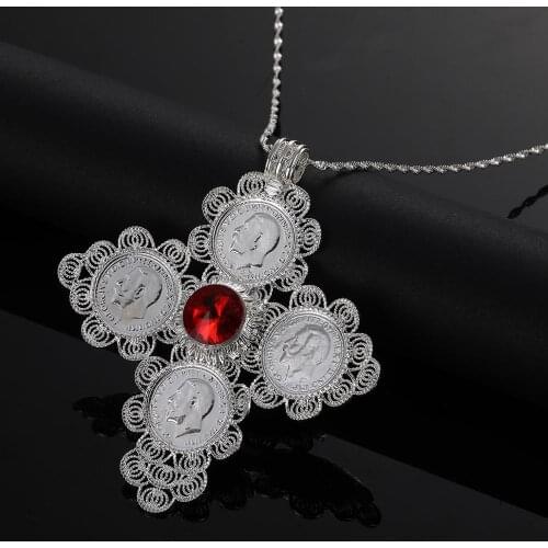 Ethiopian Ethnic Silver Color Coin Pendant Necklace Trendy Red Green Blue Stone Coin Chain Jewelry