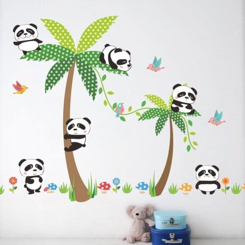 Panda Coconut Tree Wall Stickers For Kids Room Home Decoration Background Plane Cartoon Mural Door Pvc Wallpaper Rushed Sale