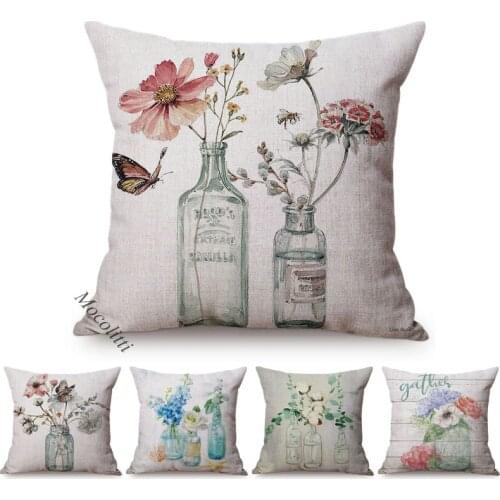 Pastel Cuttings Vase Nordic Home Decoration Sofa Throw Pillow Case Water Color Bouquet Flower Cotton Linen Cushion Cover 45x45cm