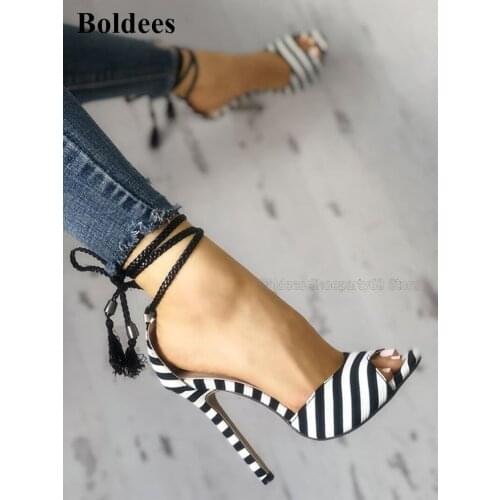 Sexy Peep Toe Designer Zepra Printed Tassel Stripes Single Strap Thin Heel Sandals Women Party Stiletto Heeled Shoes