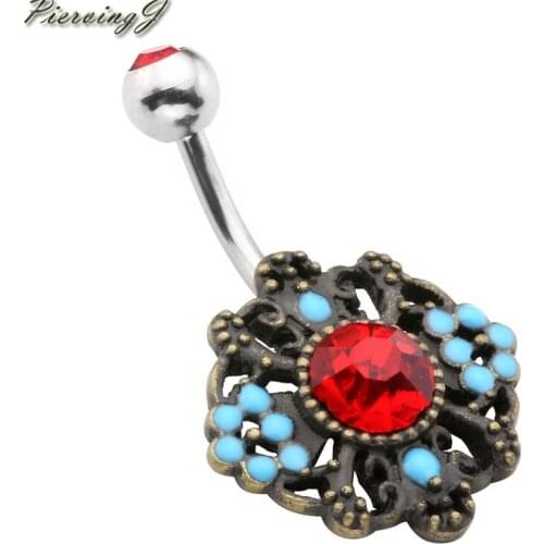 PiercingJ Beautiful design New Women Vintage Stainless Steel Hollow Flower Crystal Rhinestones Belly Navel Ring 1pc