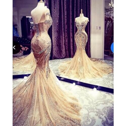 Luxury Gold Sparkle Crystal Mermaid Evening Dresses Dubai Abiye Long Beaded Lace Prom Gowns Robe De Soiree Shiny Formal Gown