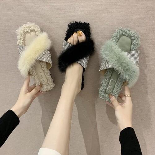 New Arrived Luxury Women Slippers Stylish Girl Faux Fur Cross-Tied Sexy Feminine Ladies Sandals Outside Flat Heel Basic Pump