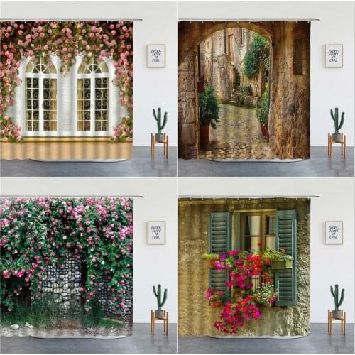 Flowers Spring Scenery Bathroom Set Shower Curtain Street Red Pink Flower Retro Design Garden Wall Decoration Hanging Curtains