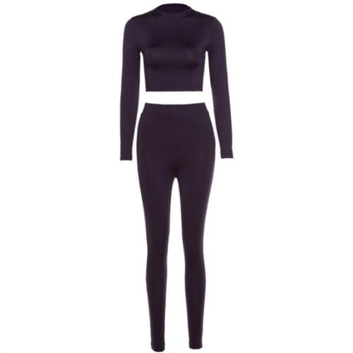 Womens Yoga Running 2 Pieces Solid Color Suit Long Sleeve Top + Leggings Comfortable Skin-friendly Suit
