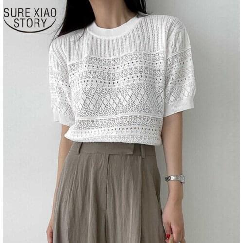 2021 Summer Autumn New Korean Chic Womens Loose Short Sleeve Shirts Tops Crochet Hollow O-Neck Knitted Blouse White Blusas 15580