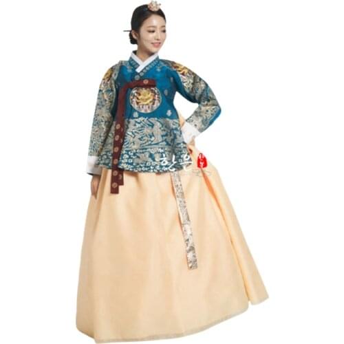 Womens Korean Hanbok Dress Costume Ethnic Dance Traditional Embroidery Long Sleeve Dress Cosplay Tailored + Free Shipping