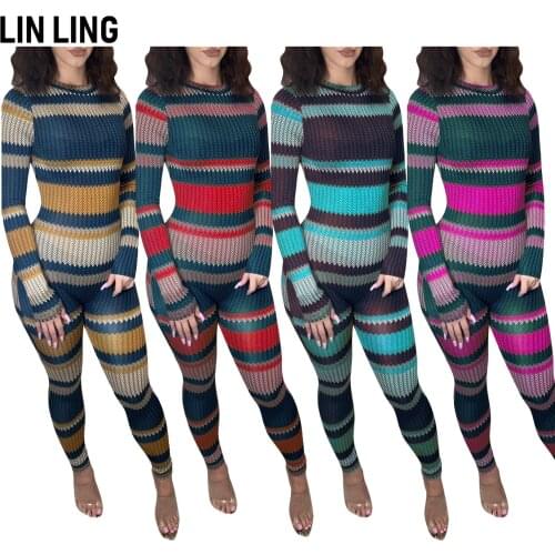 LINLING Autumn Casual Round Neck Print Stripe Long Sleeve Tight Temperament Female Pencil Jumpsuit