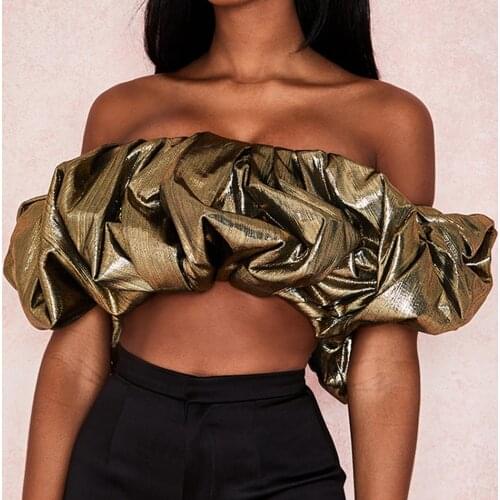 Women Off Shoulder Fashion Top Sexy Short Sleeve Gold Color Shirt 2020 New Summer Tight Lady Draped Slash Neck Club Crop Tops
