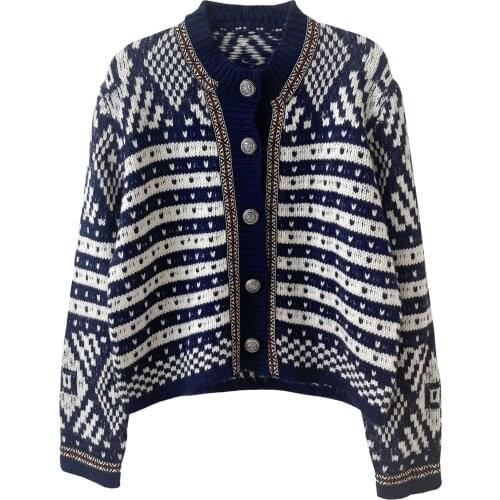 Vintage Sweater Women Cardigan Long Sleeve Sweaters Geometry Clothing Front Buttons Knitted Tops Streetwear Outwear Cardigan