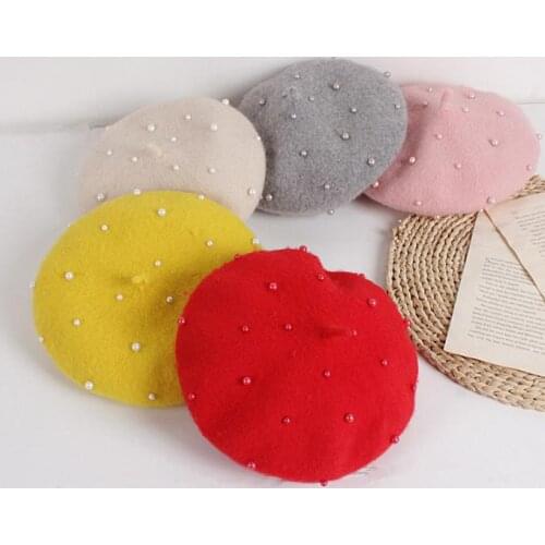 Winter Fashion Toddler Girl Wool Beret Hat Classic French Style Winter Warm Beaded Pearl Beanie Caps