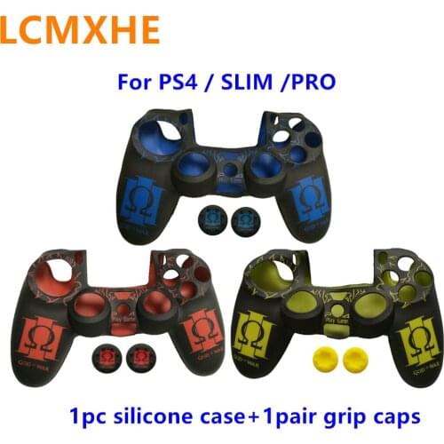 1set For PS4 Slim Pro Controller Pattern Silicone Protective Case Skin cover +1pair grips caps for Sony Playstation 4 joystick