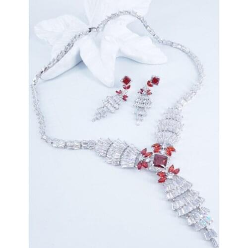 2021 new fashion luxury red V style square zircon necklace earring set,wedding bride dinner party dress jewelry free shipping