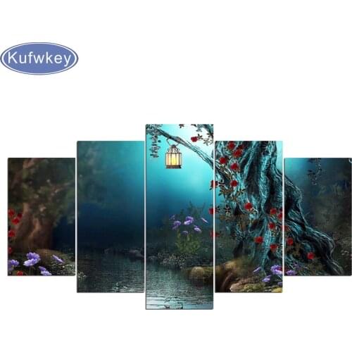 Diamond Paintings Wall Art No Frame 5 Pieces Lights in Forest Pictures diamond mosaic Fantasy Flowers Tree diamond embroidery