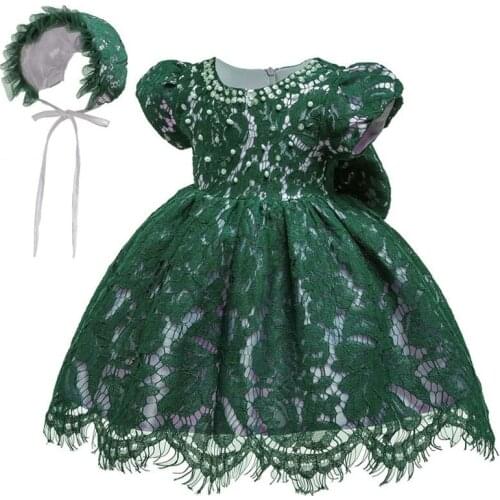 Baby full moon 1 year baptism dress Infant girl lace princess dress childrens photography short sleeve kids dress + hat