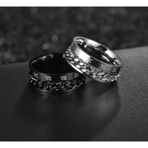 Stainless Steel Chain Shaped Roma Number Mens Rotatable Finger Rings Sprinner Ring Jewelry Punk Rock Men Size