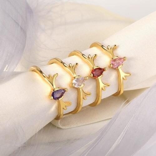 Fashion Cute Elk Antler Rings For Women Vintage Pink Red Crystal Wedding Ring Anniversary Female Jewelry Christmas Gift Present