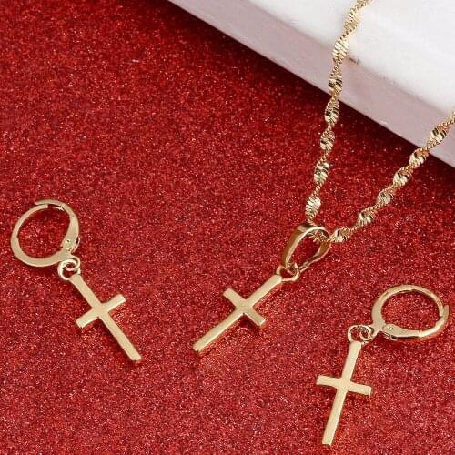 Small Cross Pendant Earrings Set Women Mini Charm Cross Gold Color Jewelry Crucifix Christian Ornaments