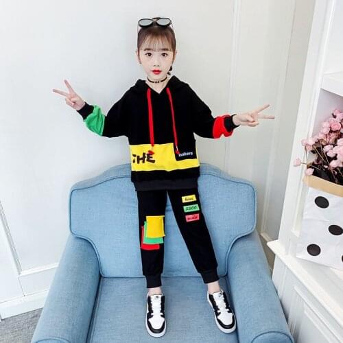 Girls Suit Sweatshirts +Pants Cotton Hooded 2Pcs/Sets 2021 Splicing Spring Autumn Teenager Kid School Outdoor Children Clothing