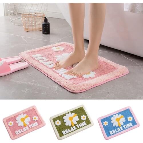 Cute Daisy Flocking Bath Mat Non-slip Absorbent Microfiber Bathroom Rug Home Entrance Door Mats Super Soft Bath Carpet
