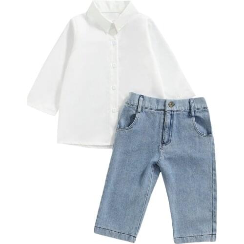 2021 0-6Y Fashion Girls Clothes Set Solid Color Long Sleeve Lapel Neck Button-up Top White Shirt+Denim Long Pants Autumn 2pcs