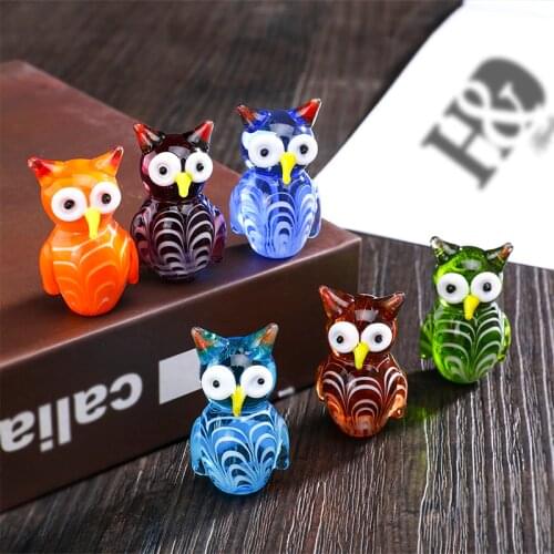 H&D Set of 6,Handmade Cute Owl Murano Art Glass Blown Mini Bird Animal Figurines Home Office Desktop Ornament Decoration Gifts