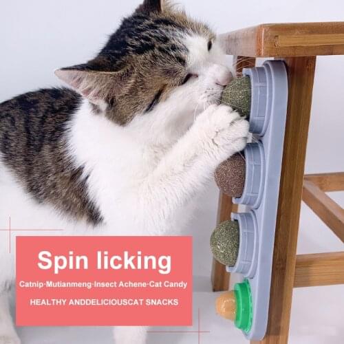 4pcs Catnip Ball Set Cat Natural Treat Toys Snack Self-Adhesive Rotated Wall Mount Molar Teething Catmint Cleaning Teeth Toy