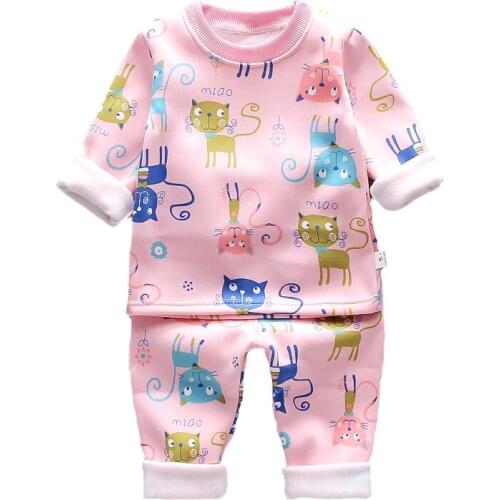 2021 New Autumn GIrls Clothing Set Keeping Warm Plus Velvet Lining Cotton Cartoon Cat Suit For Girl Children Home Clothes