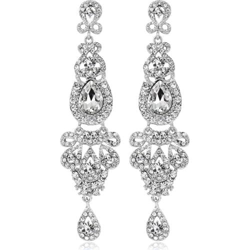 Charm Metal Blue Crystal Rhinestone Flower Teardrop Earrings For Wedding Women Bridal Super Long Dangle Earings Female Jewelry