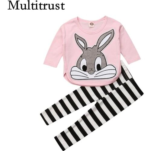 Newborn Kids Baby Girls Cartoon Clothes Tops Pink Bunny T Shirt Striped Pants Tracksuit Outfits Cute Set