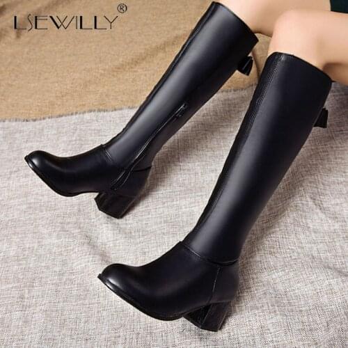 Lsewilly Black Brown White Knee High Boots for Women Long Winter Boots Women Shoes Thick Heel Round Toe Boots Plus Size 33-50