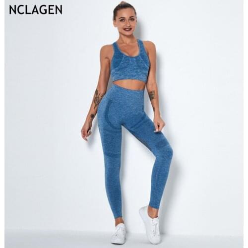 NCLAGEN Seamless Suit Sportswear Woman 2 Piece Mesh Breathable Gym Yoga Set Leggings Crop Top Workout Push-up Vest Sport Outfit