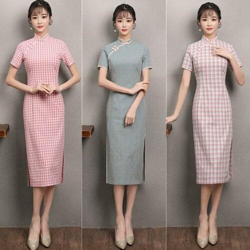 Traditional Ladies Cheongsam Dress Retro Plaid Cotton Linen Cheongsam Daily Banquet Wedding Cheongsam Dress Improved Cheongsam