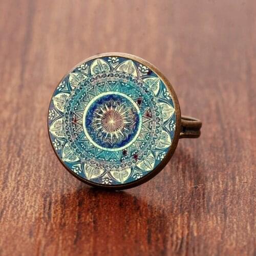 Vintage Buddhism Chakra Henna Glass Dome Cabochon Ring Om Yoga Mandala Rings For Women Ethnic Indian Jewelry