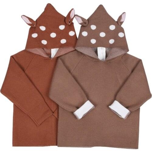 New Baby Girls Cartoon Deer Costume Cardigan Toddler Kids Boys Dot Animal Knitted Crochet Hooded Sweater Outwear Clothing 12M-5T