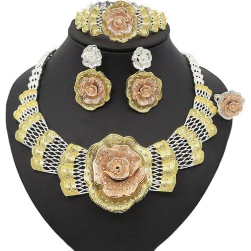 Yulaili Dubai Gold Jewelry Sets Tricolor Flower Shape Necklace Drop Earrings Bracelet Ring Wedding Engagement Jewellery