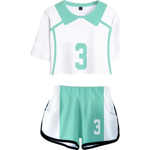 Anime Haikyuu Women Sexy T shirts +Shorts Two Piece Sets Soft T-shirt And Elastic Shorts Aoba Castle West High School Harajuku