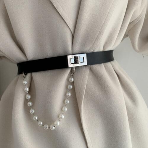 Adjust Belts For Women Tassel Pearl Waistbands Silver Cross Buckle Belt High Quality Solid Faux Leather Cummerbunds Coat Dress